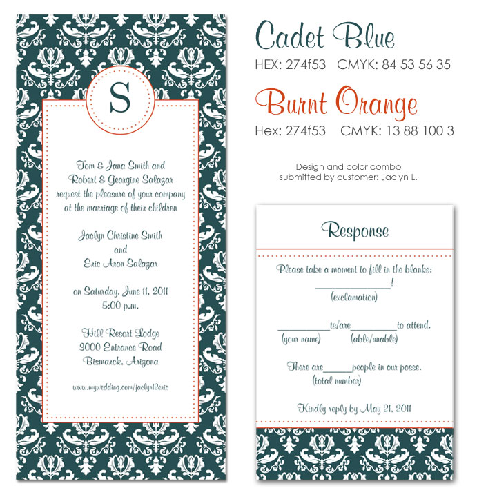 Cadet Blue and Burnt Orange Wedding Invitation