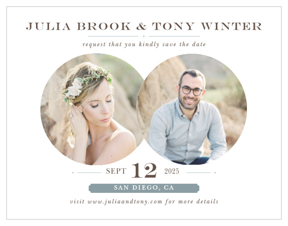 Two photo circles make the Double Exposure Save-the-Date Cards a stunning way to announce your wedding.