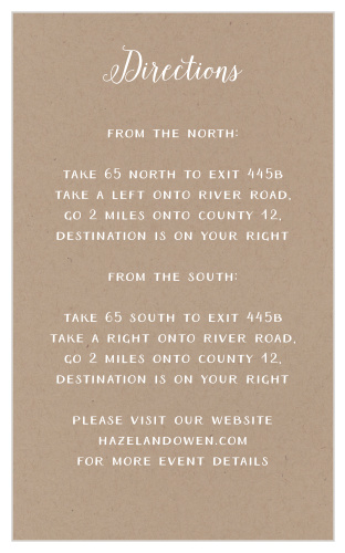 Customize the simple design of the Rustic Love Direction Cards with your choice of more than 180 custom colors.