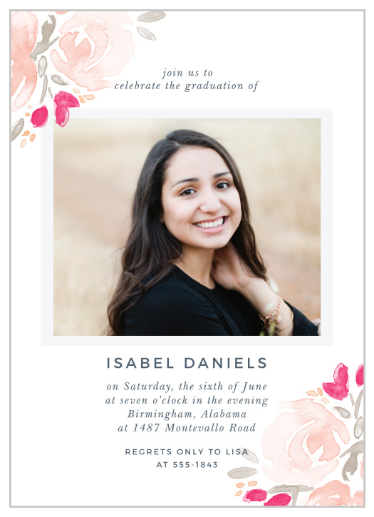 Give friends and family your graduation ceremony information with the soft, floral style of the Watercolor Bouquet Graduation Invitations.