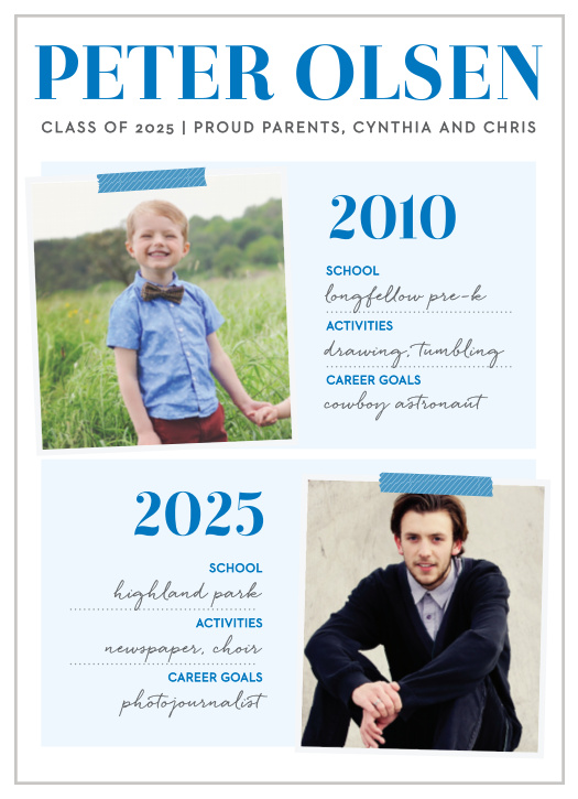 Compare photos throughout the years with the Status Report Boy Graduation Announcements.