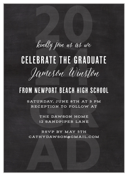 A watermark saying “2017 Grad” Create a fun background for the Chalkboard Grad Graduation Invitations.