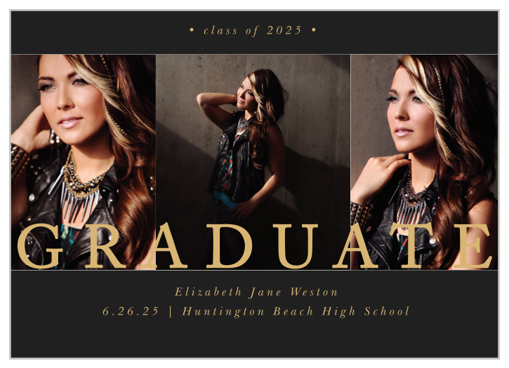 The word “Graduate” is written across three of your best grad shots on the Dazzling Trio Foil Graduation Invitations.