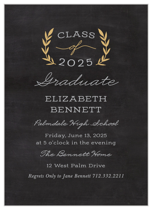 Create classic announcements featuring a chalkboard background with the Laurel Leaves Foil Graduation Invitations.