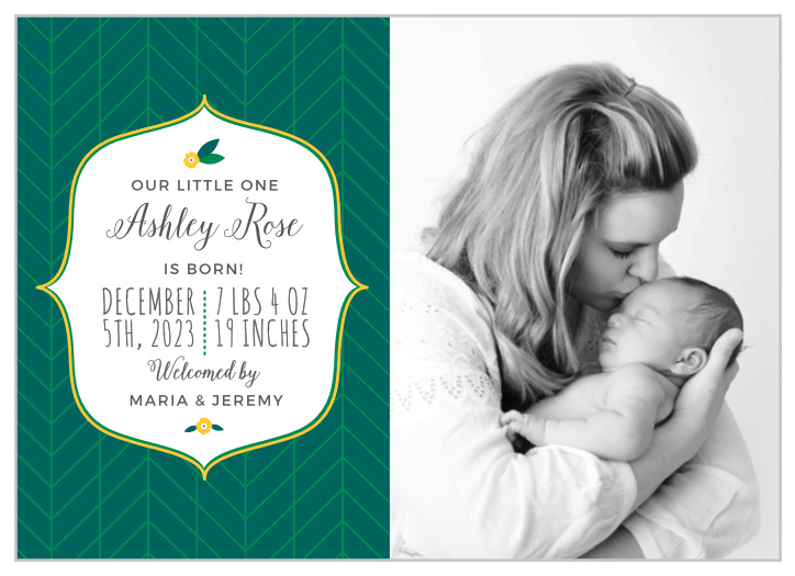 Introduce your new little one with the modern whimsy of the Tiny Leaf Birth Announcements.