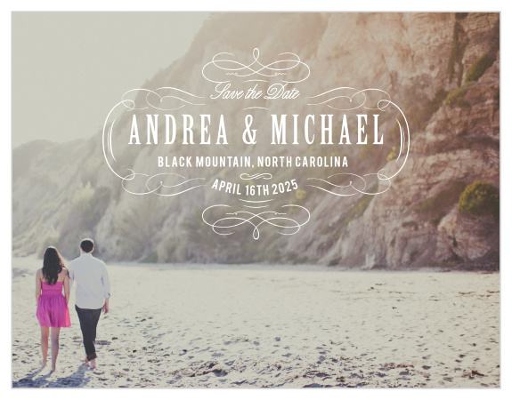 Elegant scrolls create an ornate frame on the Secret Crush Save-the-Date Cards.