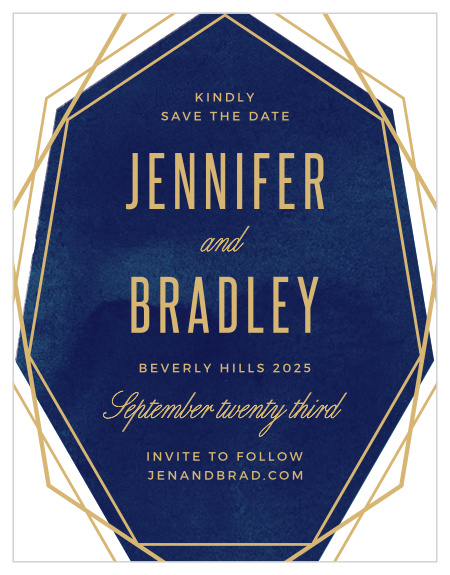 Modern angles and a soft watercolor background marry on the Divinely Modern Foil Save-the-Date Cards.