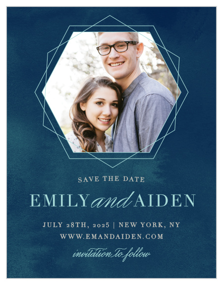 Frame your engagement photo in the chic hexagon of the Geometric Dreams Save-the-Date Cards from the Love Vs Design Collection at Basic Invite. 