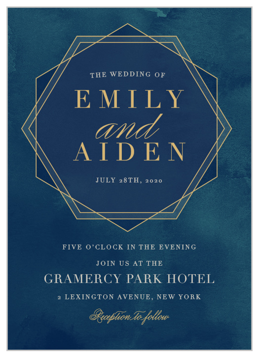 Frame your names and wedding date in a chic hexagon on the Geometric Dreams Foil Wedding Invitations.