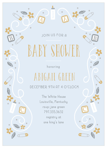 Bottles, blocks, and safety pins mingle with florals and swirls to make a playful border on the ABC Blocks Foil Baby Shower Invitations.
