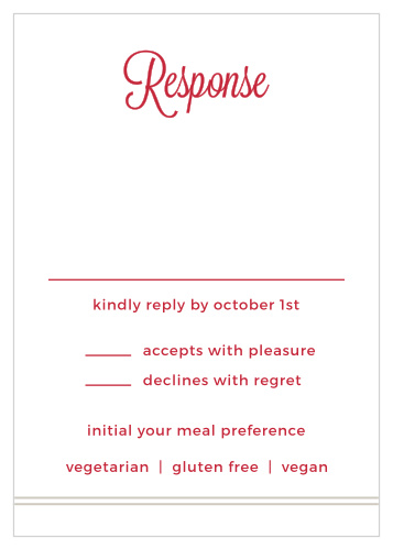Create RSVPs to coordinate with your wedding stationery using the Rhapsody in Red Response Cards. 