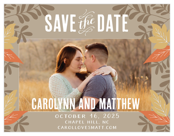 Announce you're getting married with your engagement photo on the Autumn Leaves Foil Save-the-Date Cards.