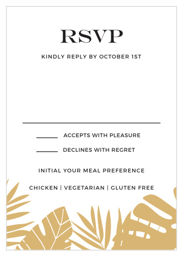 Collect RSVPs for your summertime wedding with the Tropical Palm Foil Response Cards. 