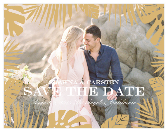Craft your summery wedding theme with the Tropical Palm Foil Save-the-Date Cards.