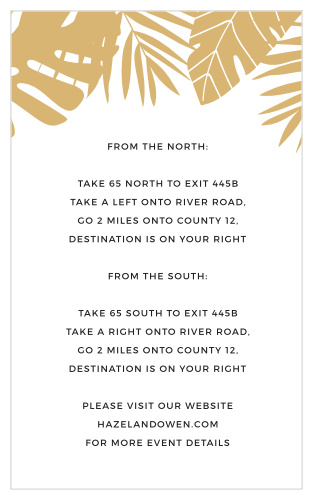 Help guests make it on time to your summertime wedding with the Tropical Palm Foil Direction Cards.
