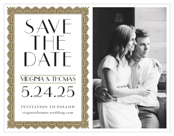 Dress your wedding details in the vintage class of the Roaring Twenties Save-the-Date Magnets.