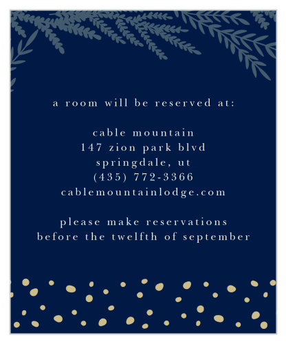 Stems of leaves and whimsical dots accent the Forest Glow Wedding Accommodation Cards.