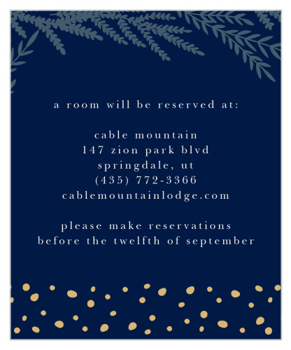 Stems of leaves and whimsical dots accent the Forest Glow Foil Wedding Accommodation Cards.