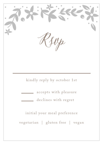 A crown of playful flowers and a kraft background make the Silent Garden  Foil Response Cards whimsically rustic. 