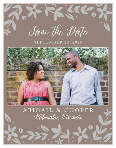 Playful florals and a kraft background makes the Silent Garden Foil Save-the-Date Cards a whimsically rustic way to announce your wedding.