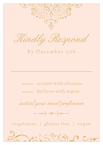 Opulent and antique details decorate the top and the bottom of the Scrolling Monogram Foil Response Cards.
