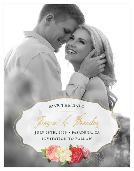 With a gorgeous picture of the bride- and groom-to-be gracing the background of our Vintage Florals Foil Save-the-Date Cards, overlayed by an elegant, opaque insignia with a gold foil outline that features a soft script and is signed off by a trio of roses, you can be assured that its recipients will be awestruck.