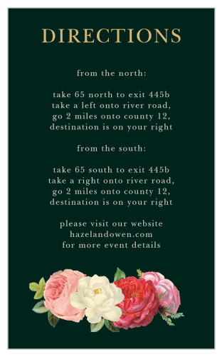 With a gold foil title and smoky gray text that stands out in stark contrast against the eucalyptus green background, as well as a gorgeous trio of roses gracing the bottom border, these Vintage Florals Direction Cards allow you to guide your guests to the venue of your choice with style and clarity.