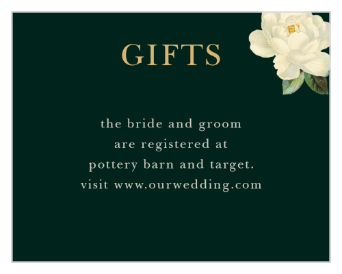 Vintage Florals Foil Registry Cards are printed on cards with a gorgeous, dark eucalyptus green background, with a gold foil title and smoky gray text.