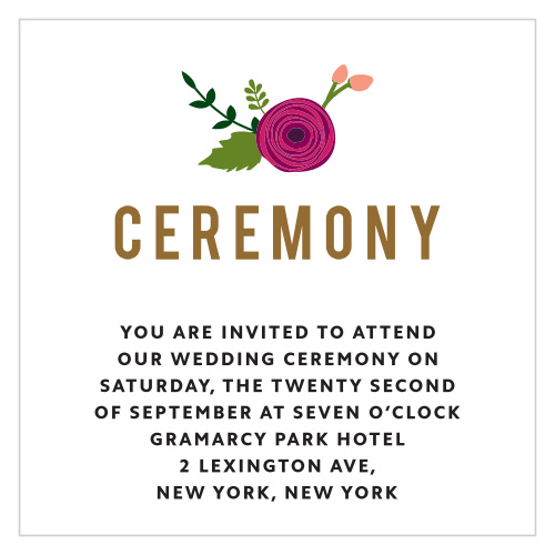 The title of our Bold Blooms Ceremony Cards is a block-style lettering, with thick characters, wide spacing, and an earthy pecan-color.