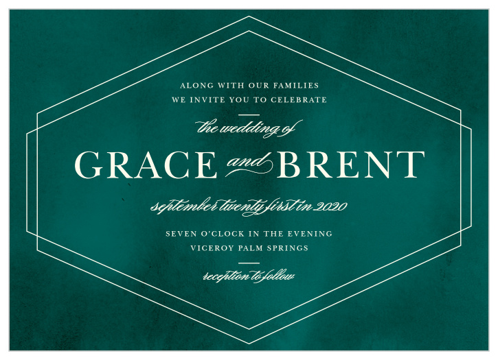 Artfully framed by dual cream-colored hexagons and with a pine green background, Deco Love Wedding Invitations offer a beautifully simple design to announce a simply beautiful day. 