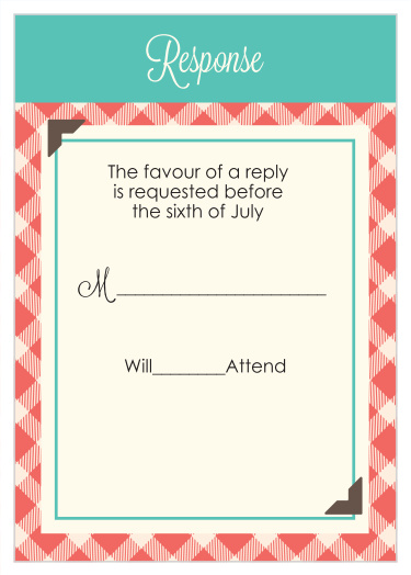 With scrapbook inspired accents, such as faux photo corners, to match the Timeless Plaid Scrapbook invite, this versatile RSVP card is the perfect enclosure card for almost any couple.