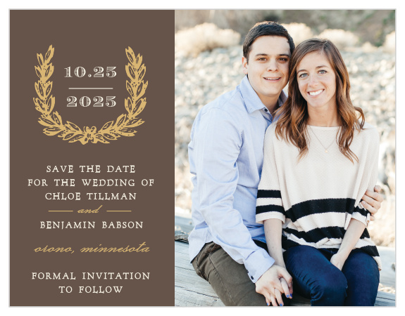 Personalize your engagement photo with the vintage wreath of the Charming Woods Foil Save-the-Date Magnets.