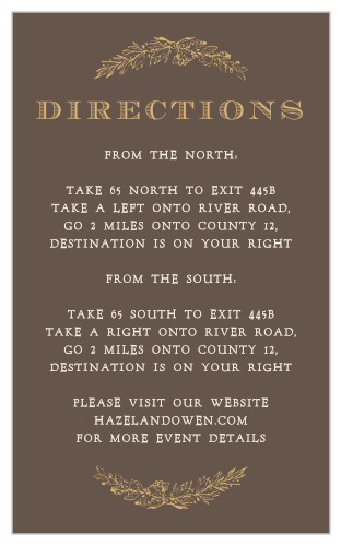 Provide guests with a guide to your wedding venue with the clean design of the Charming Woods Foil Direction Cards from the Love Vs Design Collection.