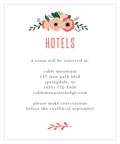 The Botanical Love Accommodation Cards’ romantic design is ideal for giving guests hotel reservation information.