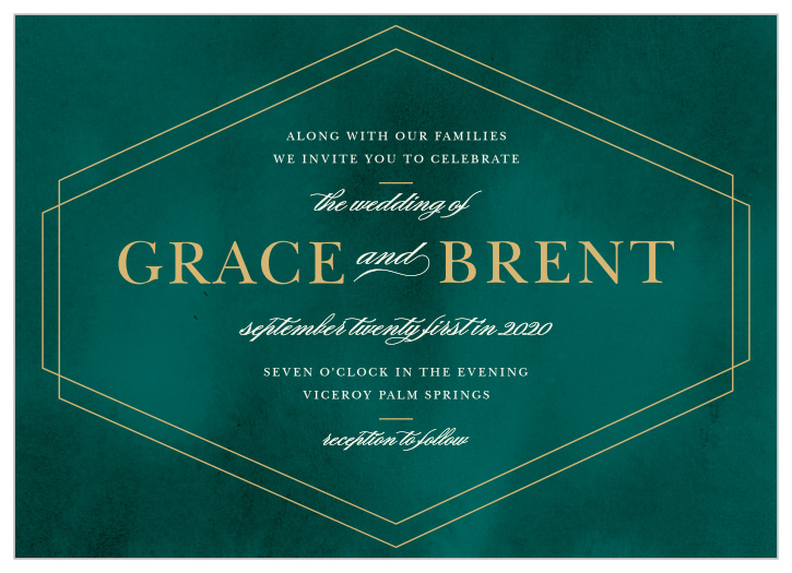Artfully framed by dual cream-colored hexagons and with a pine green background, Deco Love Foil Wedding Invitations offer a beautifully simple design to announce a simply beautiful day.