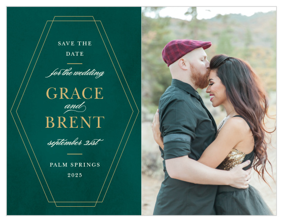 Vertically stretched hexagons frame the text of our Deco Love Foil Save-the-Date Cards.