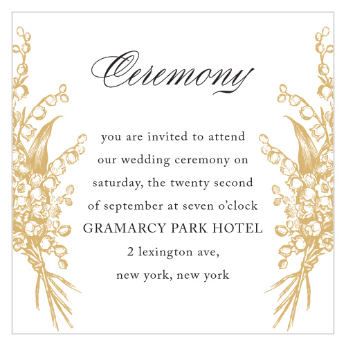 Vintage florals decorate the sides of your text on the Antique Chic Foil Ceremony Cards from the Love Vs Design Collection at Basic Invite.