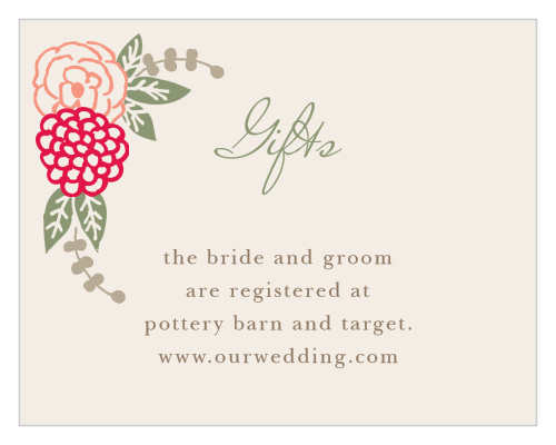 A bunch of beautiful flowers blooms from the top left corner of the Floral Chic Registry Cards.