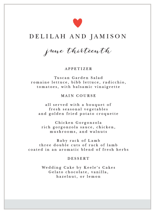 Coordinate your menus with your wedding stationery using the Script Heart Wedding Menus.