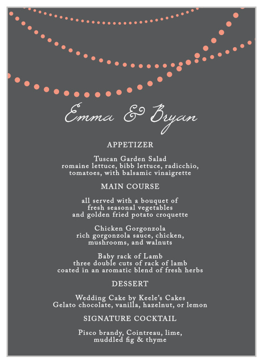 Design gorgeous menus for your wedding feast with the String Lights Wedding Menus. 