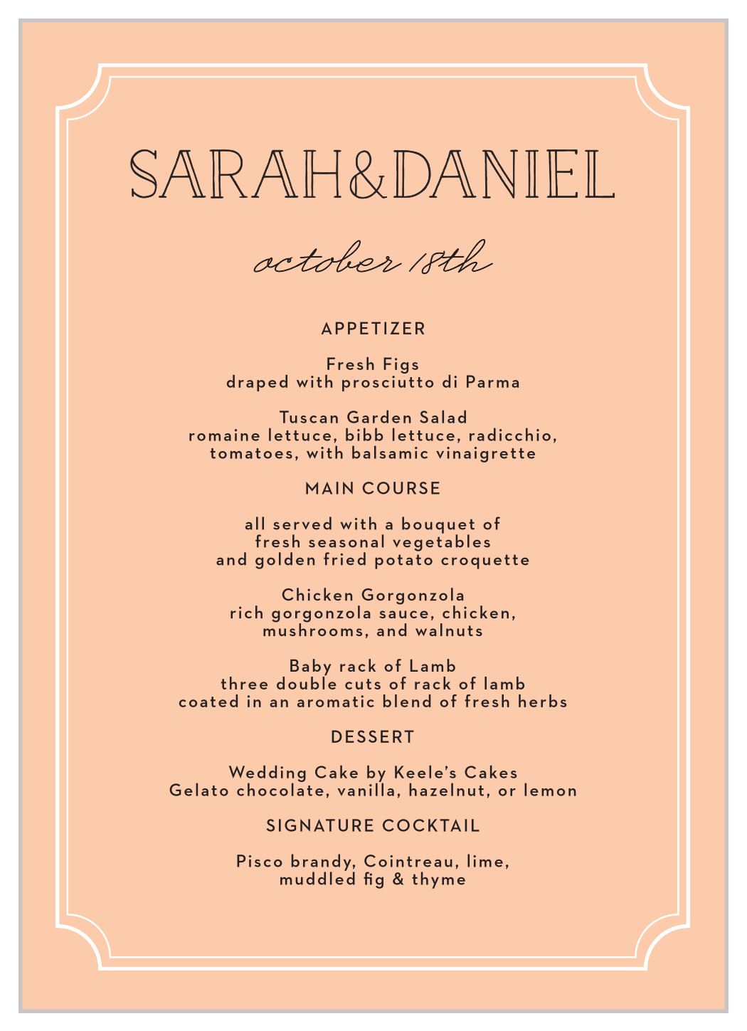 Type Frame Wedding Menus