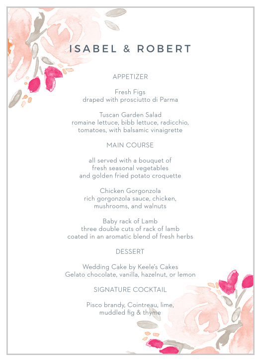 Add your dinner options to the soft elegance of the Watercolor Bouquet Wedding Menus.