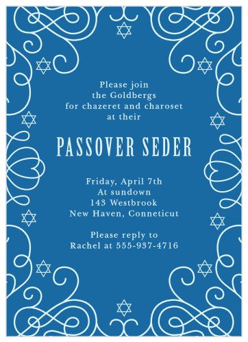 Swirls and stars create an elegant frame on the Sacred Seder Passover Party Invitations.