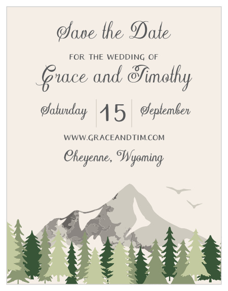 A majestic mountain with a border of evergreens graces the bottom of the Forest Escape Save-the-Date Magnets.