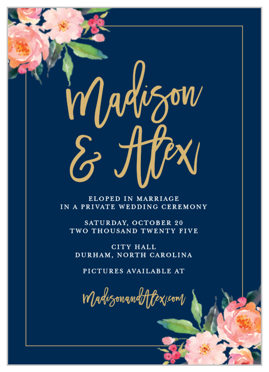 Chic florals and a thin frame decorate the Standing Ovation Foil Wedding Announcement.