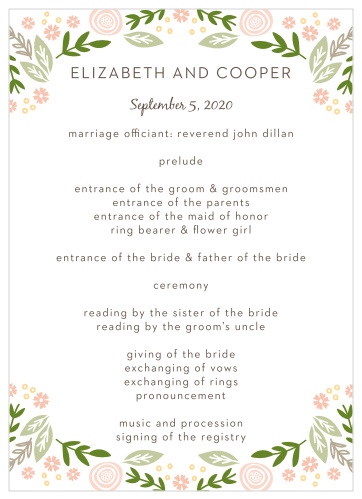 The Gardens Abound Wedding Programs’ completely customizable design features charming florals.