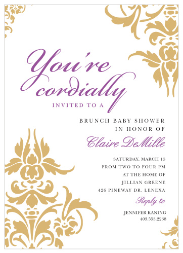 The Decorative Damask Foil Baby Shower Invitations are the perfect mixture of elegance and grace.