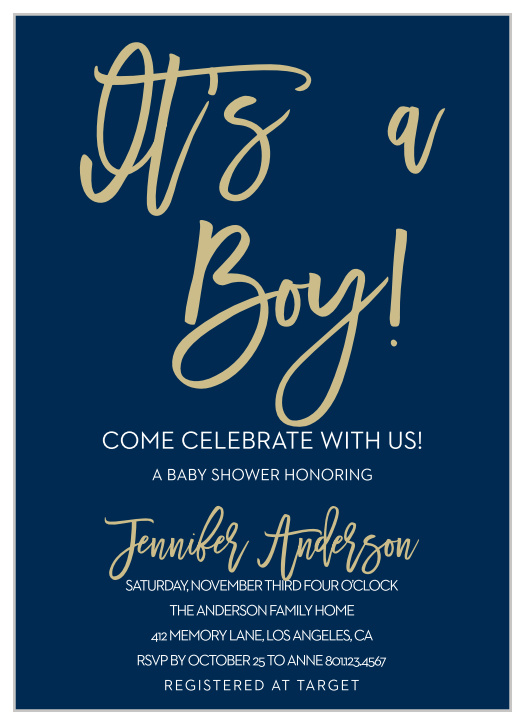 Announce you’re having a Boy with the Royal Script Boy Baby Shower Invitations. 