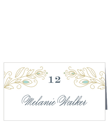 Stylized feathers accent your table number on the Peacock Flourish Place Cards.