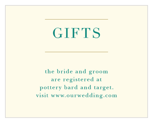Guide guests to your wedding registries with the Peacock Feather Registry Cards.